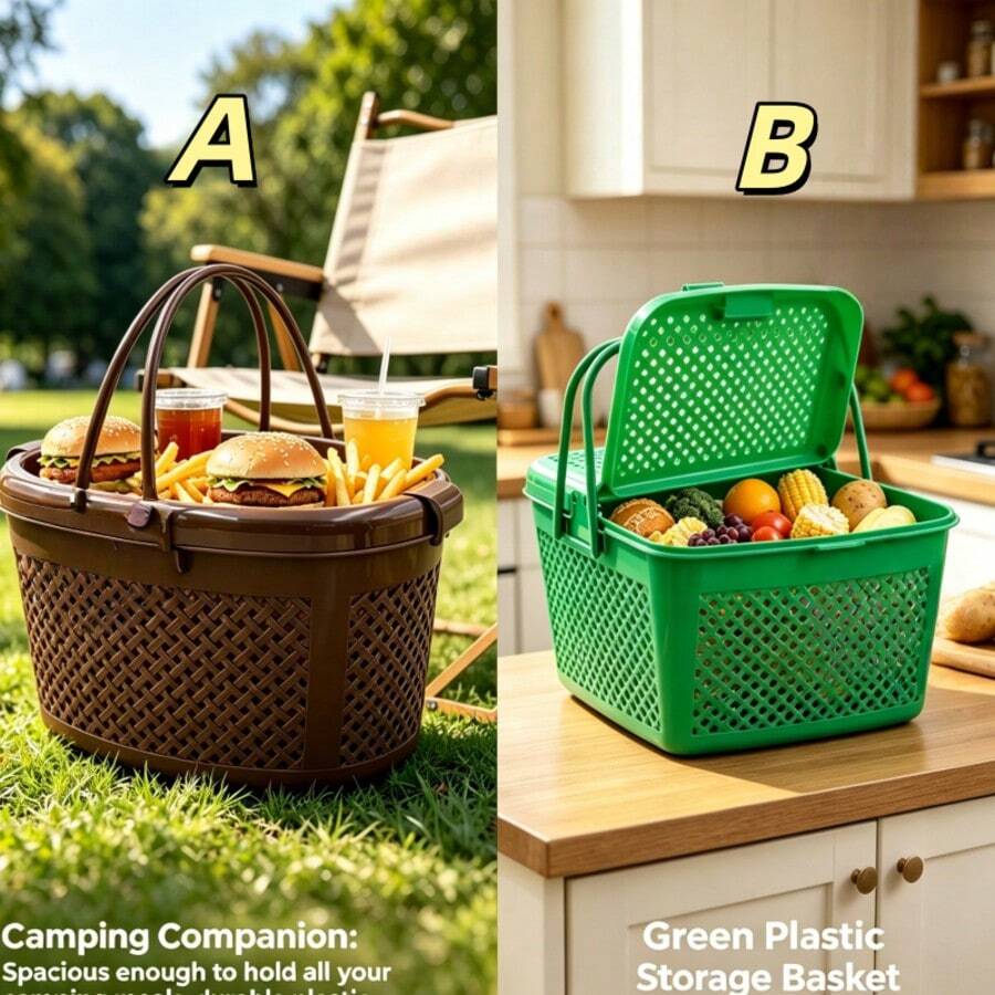 Oval Faux Rattan Plastic Picnic Basket With Lid, Double Opening Design, Large Capacity Handheld Storage Basket For Outdoor Camping, Picnic, Snacks, Fruit, Toys And Miscellaneous Items - Multicolor - View 1