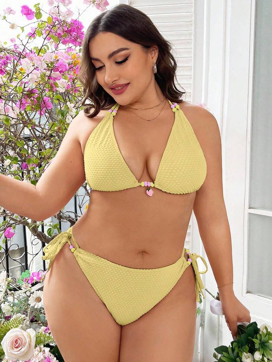 Swim Mod Conjunto De Bikini Con Lazo Lateral Y Triángulo Halter De Talla Grande De Playa De Verano - Amarillo - Ver 1