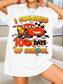 Disney Women's Summer "Cars" Lightning McQueen "100 Days Of School" Graphic T-Shirt - Featuring A Casual, Cartoon-Inspired Style, This Tee Is Crafted From Ultra-Soft, Breathable Fabric. It Is The Perfect Choice For "100 Days Of School" Celebrations And Serves As A Versatile, Stylish Wardrobe Staple. - 白色 - 查看 2
