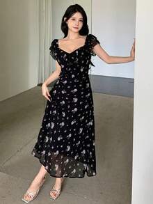 xheDAZY Vestido corto de manga corta con estampado floral ditsy para mujer, vestido de lechera, vestido de verano, atuendos de vacaciones para mujer, vestido maxi de Pascua bohemioxhe - Morado - Ver 1