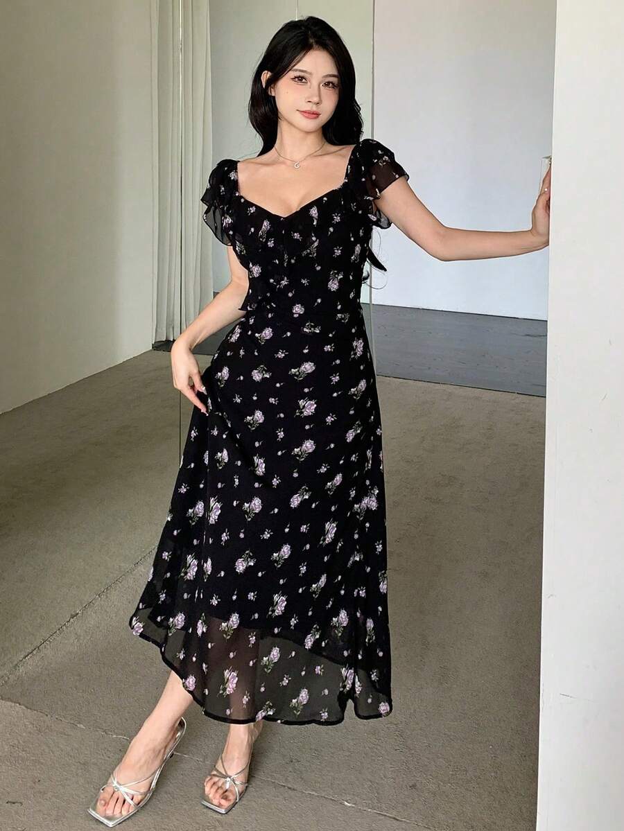 xheDAZY Vestido corto de manga corta con estampado floral ditsy para mujer, vestido de lechera, vestido de verano, atuendos de vacaciones para mujer, vestido maxi de Pascua bohemioxhe - Morado - Ver 1
