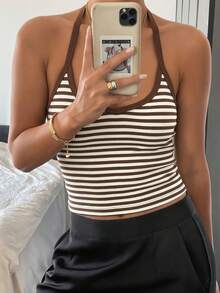 Camiseta sin tirantes acanalada, casual y versátil, para primavera/verano - Marrón - Ver 8