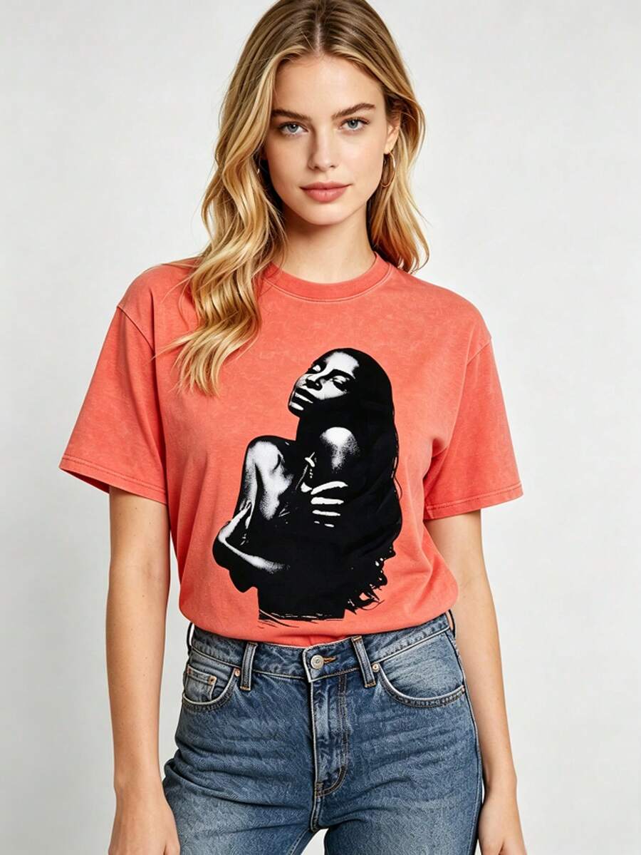 Sade - Love Story Vintage Album Cover Vintage T-Shirt Big Prints,Mens 4th Of July Shirt,Graphic Tees Woman,4th Of July Shirt,Streetwear Women - 橘色 - 查看 1