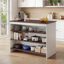 Kitchen Island With Storage, Kitchen Cabinet Island With Breakfast Bar, 3 Open Storage Shelves & Footrest, Multifunctional Sideboard For Kitchen, Dining & Living Room - Blanco - Ver 3