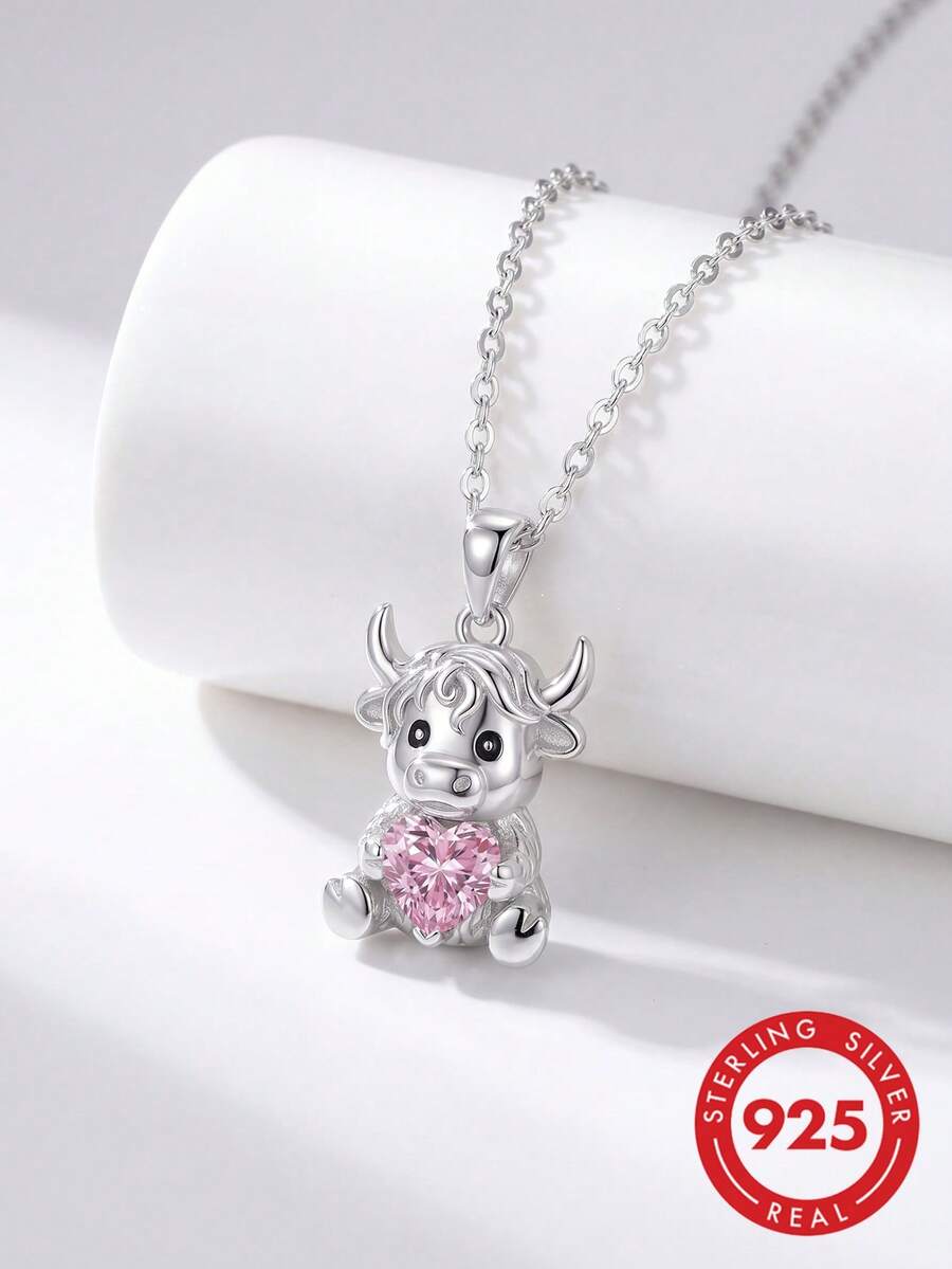 1 pièce Collier en argent sterling 925 en forme de cœur avec vache des Highlands, cadeau d'anniversaire élégant pour la petite amie, à porter au quotidien - Style 1 - Voir 1