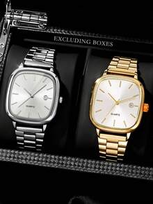 2pcs/Set Men's Luxury Business Watch Set, Silver And Gold Dual-Tone Stainless Steel Strap, Square Frosted White Dial. Clear Bar Markers For Easy Reading, Built-In Date Display Window, Minimalist Lines Highlight Premium Texture. - Multicolor - View 2