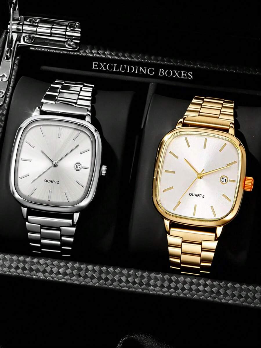 2pcs/Set Men's Luxury Business Watch Set, Silver And Gold Dual-Tone Stainless Steel Strap, Square Frosted White Dial. Clear Bar Markers For Easy Reading, Built-In Date Display Window, Minimalist Lines Highlight Premium Texture.
