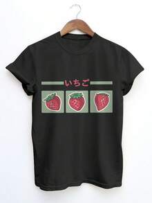 Cute Y2K Summer Top. 1 Pack. Cute Y2K Summer Top. 100% Cotton. Women's Casual Summer Top, Cartoon Style, Strawberry And Green Leaf Print, Crew Neck, Short Sleeve, LingK T-Shirt. Perfect For A Casual Look. - 黑色 - 查看 2
