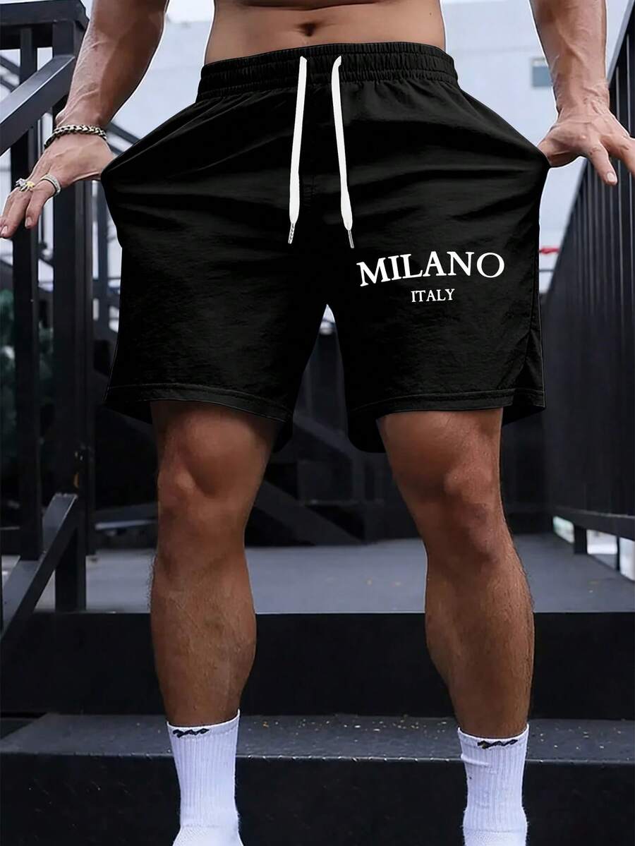 MILANO ITALY Letter Pattern Men's Shorts, Casual Pants With Pocket Strings, Polyester Fabric, Outdoor Sports Shorts, Surfing Shorts - Black - View 1