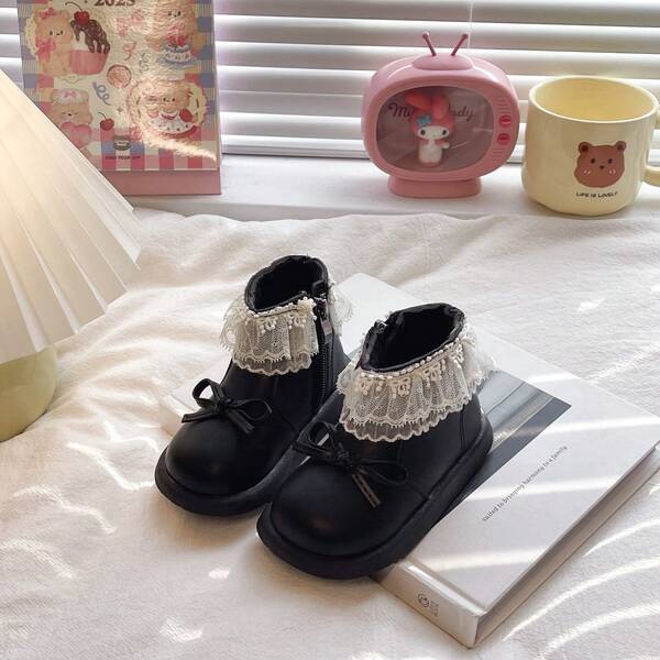 1 Pair New Black Baby Thermal Lined Fashion Lace Trim Bow Boots, Mid-Calf Ankle Boots For Toddlers And Young Girls, Side Zipper Flat Casual Boots