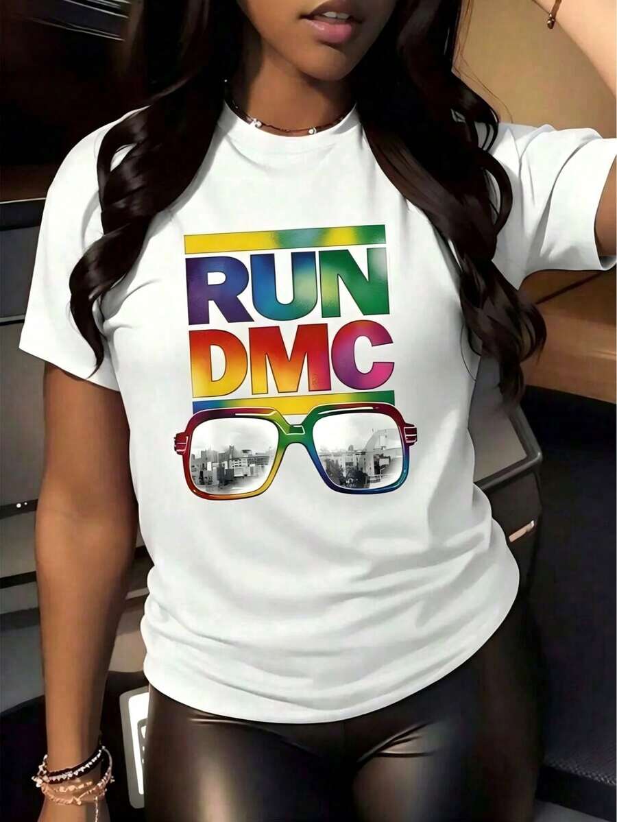 Camiseta Casual de Verano para Mujer, Estilo Oversize, 1 Pieza, 220g, Estampado Digital Run DMC, 100% Algodón, Camiseta con Gráficos de Música Hip Hop - Blanco - Ver 1