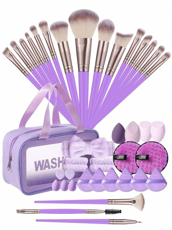 39PCS All-In-One Makeup Tool Set, 18 Brushes, Waterproof Wash Bag, Beauty Sponges, Triangle & Mini Powder Puffs, Spa Headband & Wristbands, Complete Kit For Beginners
