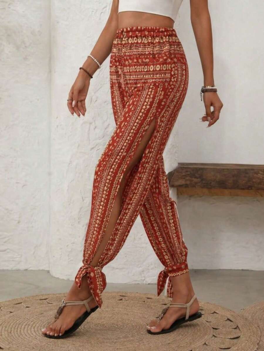 Vacation Casual Geometric Print Hollow-Out Harem Pants - Red - View 1