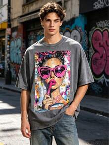 Vintage Pop‑Street‑Style Cool‑Woman‑Portrait Collage‑Graffiti Creative Graphic Printed 230GSM High‑Quality 100% Cotton Loose T‑Shirt, Unisex Casual Daily Top, Perfect For Summer Activities, Back To School, Holiday Gifts, Core Graphic Tees Men, Mens Clothes - Xám - Xem 4