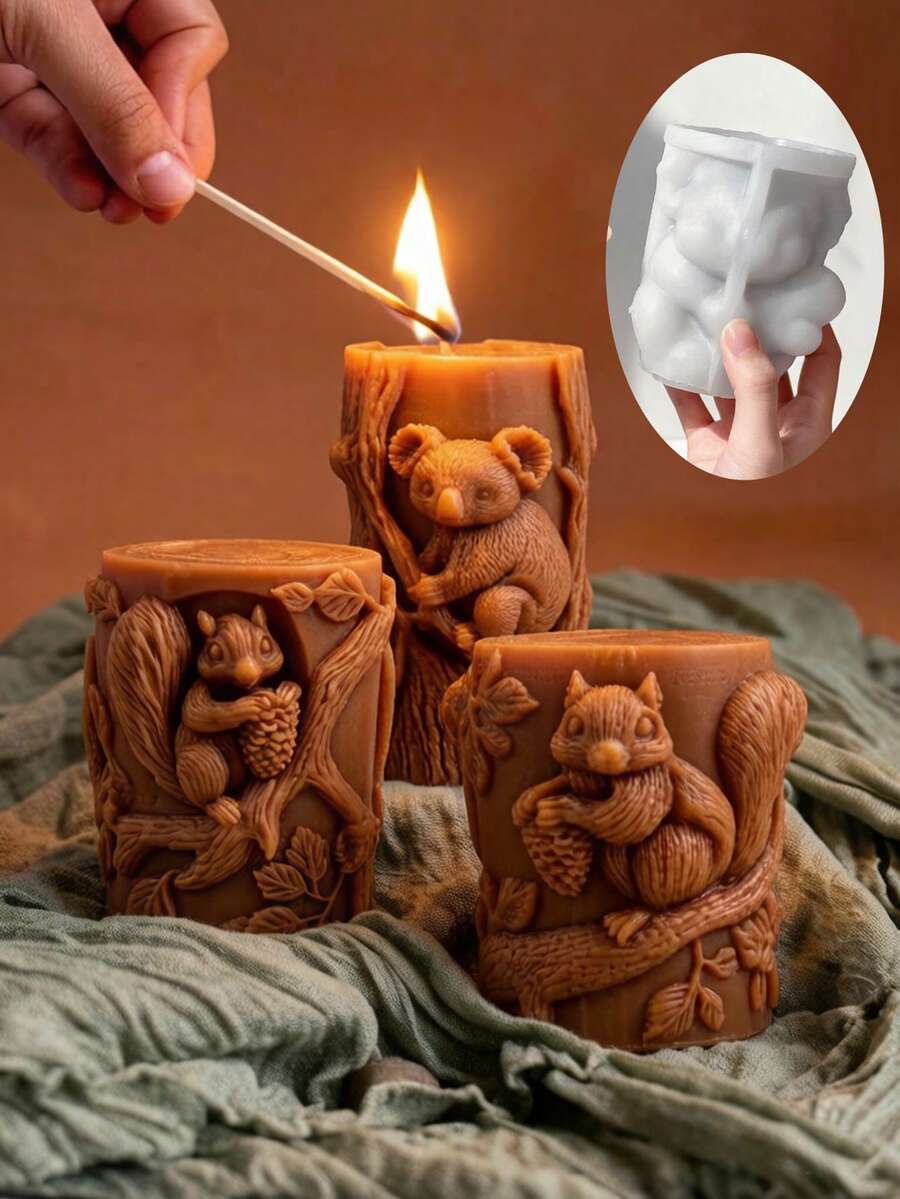 (Koala & Squirrel) New 3D Stereoscopic Animal Candle Mold Set, Includes Adorable Koala Hugging Branch And Squirrel Eating Pine Cone Designs, Made Of Soft Silicone For Easy Demolding, Ideal Tool For DIY Handmade Scented Candles, Gypsum, Resin Crafts - Koala & Squirrel - View 1