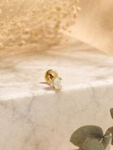 1Pc 16G 925 Sterling Silver White Opal Stud Earring, 18K Gold Plated Fire Opal Bead Internally Threaded For Women Girls Daily Wear, Sold Individually - Gold - View 5