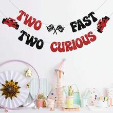 Two Fast Two Curious 橫幅，男孩 2 歲生日賽車主題派對裝飾，嬰兒洗禮賽車 Let's Go 賽車派對用品，黑色紅色亮片 - 賽車 - 查看 2