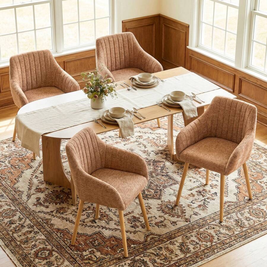 Goeurvant Modern Vertical-Stripe Upholstered Dining Chairs With Armrests And Solid Wood Legs For Dining Room, Kitchen, Living Room - Set Of 2 / Set Of 4 / Set Of 6--Brown-Chenille - 淺棕色 - 查看 1