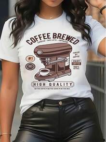 Women's Pure Cotton Short-Sleeved T-Shirt Coffee Machine Print Casual Top - White - View 6