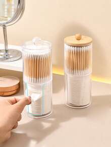 Acrylic Storage Box With Bamboo Lid/Transparent Lid - Transparent Cotton Swab, Cotton Ball And Dental Floss Holder For Bathroom Storage - Multi-Functional Storage Box For Vanity Essentials - A - View 1