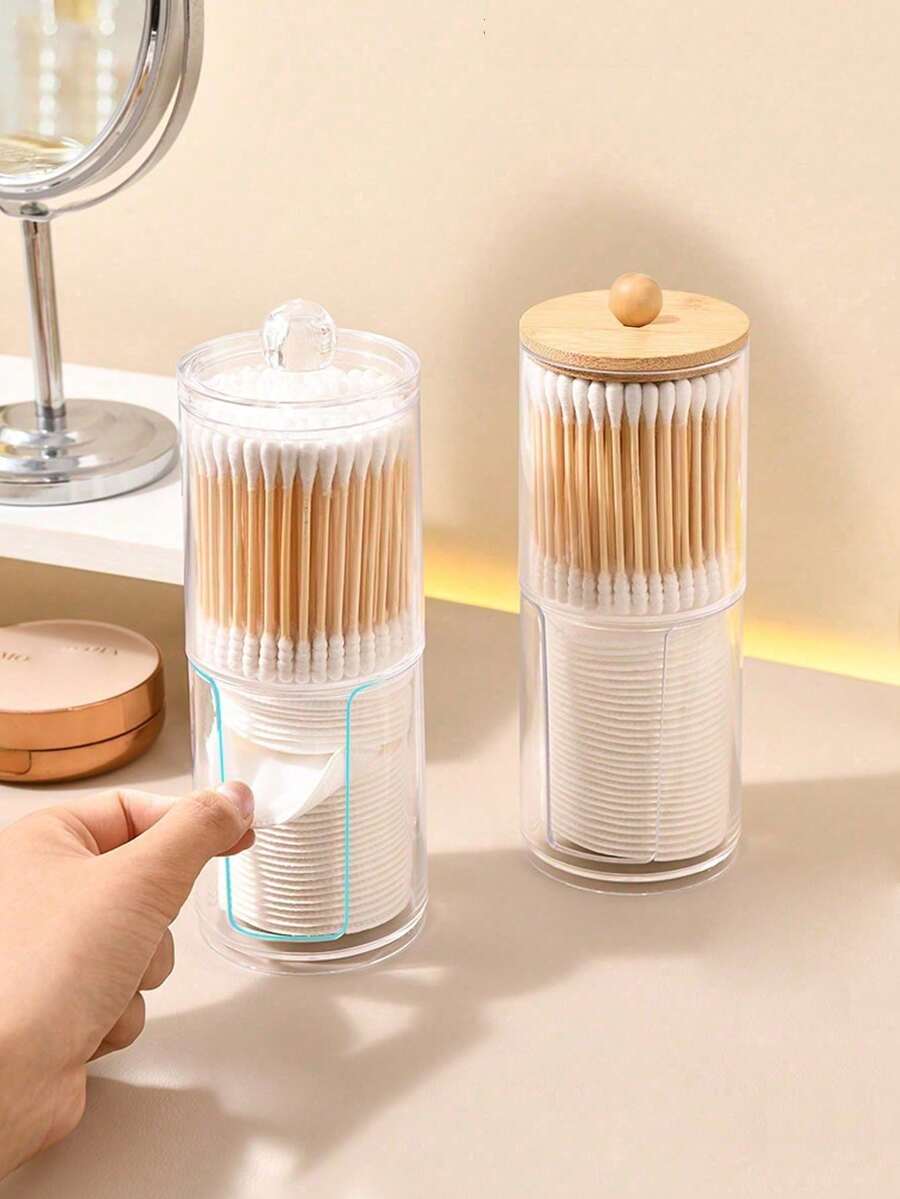 Acrylic Storage Box With Bamboo Lid/Transparent Lid - Transparent Cotton Swab, Cotton Ball And Dental Floss Holder For Bathroom Storage - Multi-Functional Storage Box For Vanity Essentials - A - View 1