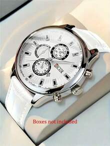 Men's Fashion White PU Leather Quartz Watch, Zinc Alloy Round Case, Suitable For Daily Wear & Work, Great Gift - White - View 11