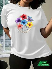 Women's Casual Holiday Shirt With  Anime And Letter Print, Women's Round Neck T-Shirt With Simple Design, Comfortable And Breathable, Versatile For Daily Wear, Suitable For Sports And Leisure, Refreshing For Summer, A Must-Have For Parties, Local Shipping, Plus Size T-Shirt With Floral And Pearl Print, Ideal For Outings, Streetwear And Daily Wear. - 白色 - 查看 1