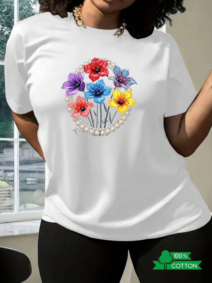Women's Casual Holiday Shirt With Anime And Letter Print, Women's Round Neck T-Shirt With Simple Design, Comfortable And Breathable, Versatile For Daily Wear, Suitable For Sports And Leisure, Refreshing For Summer, A Must-Have For Parties, Local Shipping, Plus Size T-Shirt With Floral And Pearl Print, Ideal For Outings, Streetwear And Daily Wear. - 白色 - 查看 1