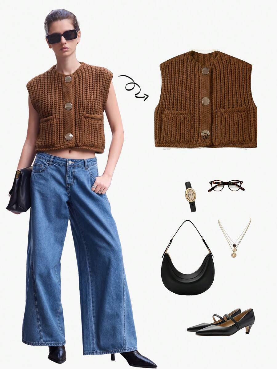 Women's Solid Color Knitted Pocket Decor Thick Knit Vest - Coffee Brown - View 1