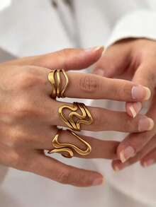 12pcs Fashionable & Elegant Stainless Steel Rings, Suitable For Women's Daily Life, Work Commute, Vacation, Party, Or Hanging Out With Friends - Yellow Gold - View 5