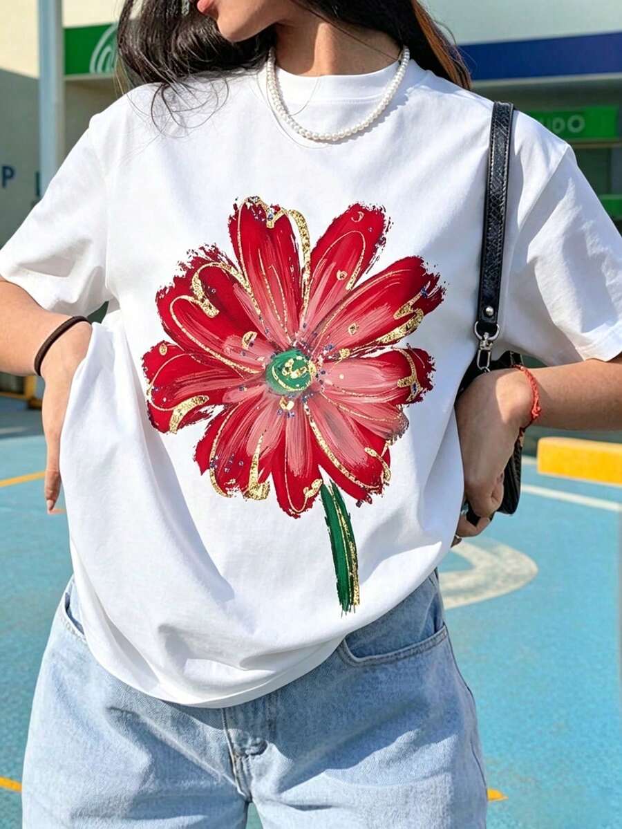 Vibrant Floral T-Shirt, Red Floral Print Aesthetic Tee, Casual Bohemian Short Sleeve, White Everyday Art Top, Loose Fit Retro Tee. - Banc - View 1