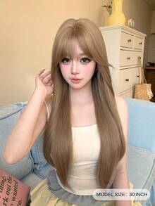 alicegarden 30英吋長合成假髮，自然直髮駱色，附瀏海設計，適合女士日常、派對、Cosplay使用，自然耐用假髮禮物 - 駝色 - 查看 2