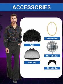 Men's 1970s Disco Costume Set – Vintage Party Outfit With Wig & Necklace For Stage Performance, Halloween Cosplay - Black - View 3