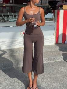 Women Wide Leg Capri Yoga Pants Low Rise Loose Fit Flared Lounge Yoga Flare Culottes Cropped Pants Summer Workout Going Out Palazzo Pants Trousers - 咖啡棕 - 查看 8