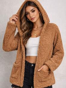 Women's Teddy Animal Print Hooded Jacket – Leopard Style With Fur Pockets - Everyday Wear - 駝色 - 查看 3