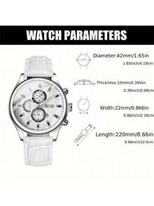 Men's Fashion White PU Leather Quartz Watch, Zinc Alloy Round Case, Suitable For Daily Wear & Work, Great Gift - White - View 5