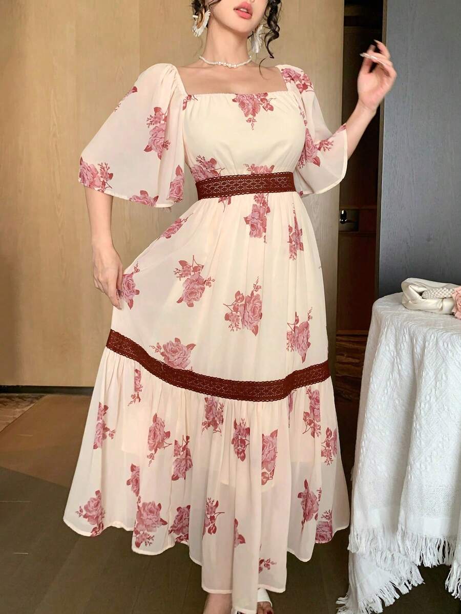 Vestido de verano de longitud media con estampado floral completo y encaje de contraste para mujeres, vestidos bohemios de sol para vacaciones de mujeres - Burdeos 2 - Ver 1