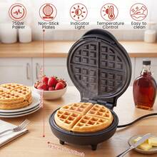 SUPERLEX 750W Waffle Maker, Mini Waffle Iron, Automatic Temperature Control, Non Stick Coating, Cool Touch Handle, Round Waffle Machine For Family - 英規插(220-240V) - 查看 5
