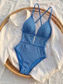 Bikinx Women's Shell-Shaped Perforated Textured Fabric V Neck One Piece Swimsuit With Bead Detail For Summer Vacation Beach - Blue - View 7