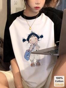 Kaos Kasual Lengan Pendek Raglan Leher Bulat Warna Kontras Gaya Y2K Terbaru untuk Gadis Imut Musim Panas - Hitam dan Putih - View 3