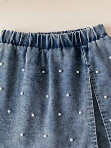 Girls Denim Shorts Set, Denim Beaded Bow Decor Simple Round Neck Short Sleeve T-Shirt, Denim Beaded Shorts With Patchwork Skirt Hem, Casual Young Girls Outfit - White - View 5