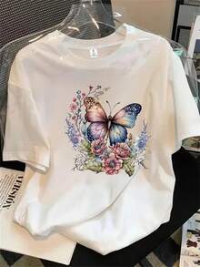 Top de mujer de manga corta y cuello redondo con estampado de mariposas y flores, ideal para todas las estaciones. - Blanco - Ver 1