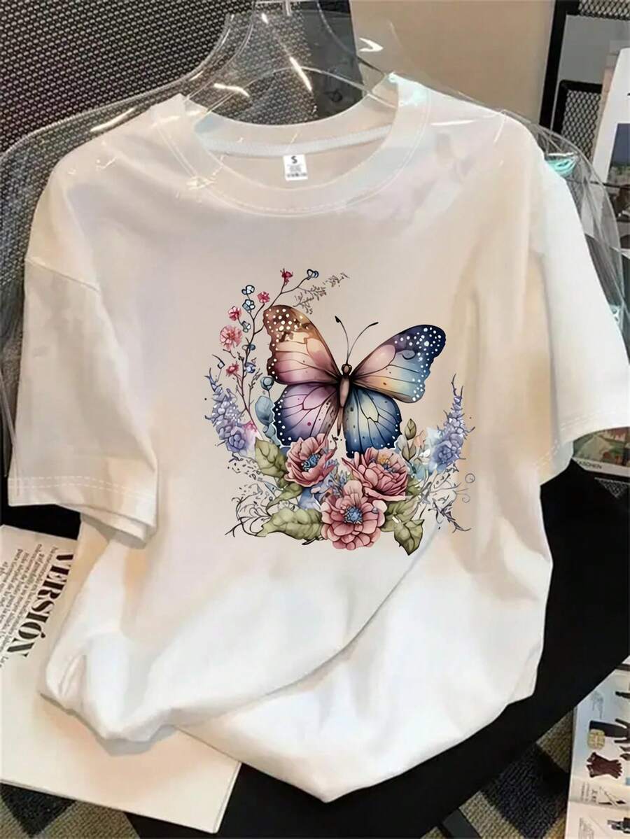 Top de mujer de manga corta y cuello redondo con estampado de mariposas y flores, ideal para todas las estaciones. - Blanco - Ver 1