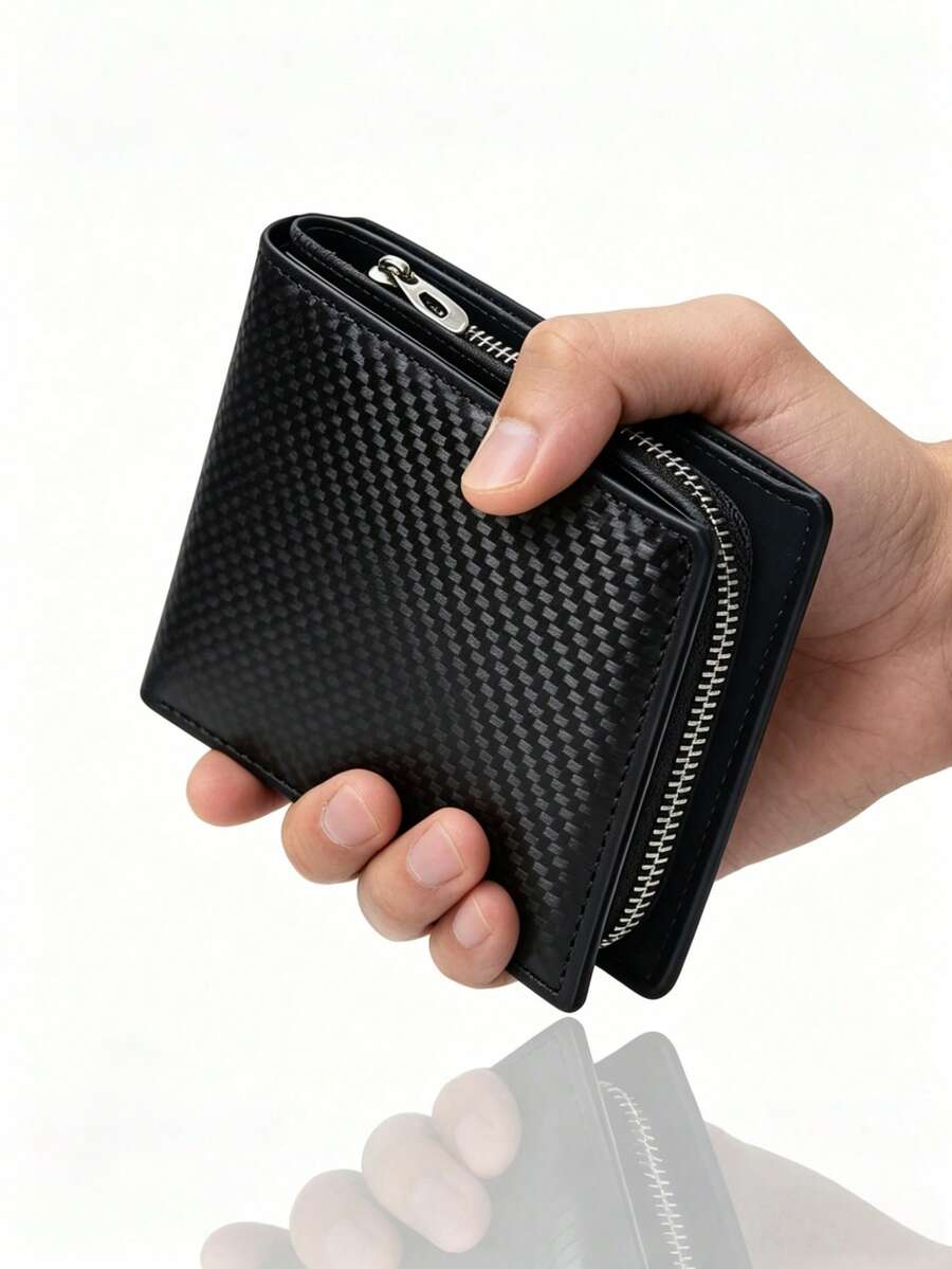 HOVI'S 男士 RFID 防盜雙折錢包,附卡槽與拉鍊零錢袋,超薄碳纖維卡夾,含隱藏拉鍊口袋,名片收納夾 - 黑色 - 查看 1