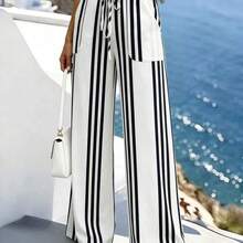 Pantalones casuales de cintura elástica de alta calidad con rayas, pantalones anchos para mujer, adecuados para vacaciones, salidas, Y2K, primavera, verano, vuelta al colegio, casual, playa, negocios, versátiles, pantalones casuales color albaricoque para mujer, pantalones rectos a rayas para mujer - Albaricoque - Ver 6