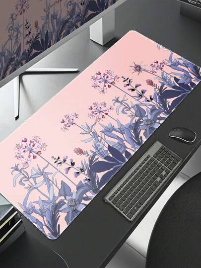 Blush Pink And Blue Floral Pattern Desk Mat, Non-Slip Extended Mouse Pad, Aesthetic Macaron Tone Floral Large Desk Pad, Suitable For Office And Gaming