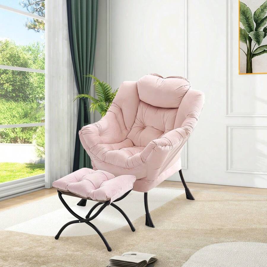 Sillón lounge moderno con otomana – Estructura metálica resistente – Respaldo reclinable, reposapiés plegable y cojín extraíble – Tapizado suave ideal para sala, dormitorio u oficina - B - Ver 1