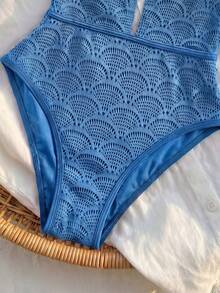 Bikinx Women's Shell-Shaped Perforated Textured Fabric V Neck One Piece Swimsuit With Bead Detail For Summer Vacation Beach - Blue - View 10