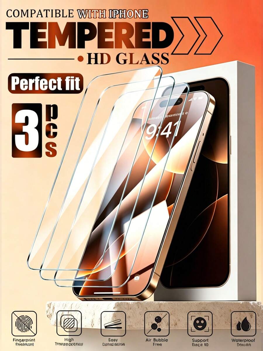 3 Stücke Für iPhone 11 12 13 14 15 16Plus 16Pro 16ProMax 17 17Plus 17e 17Pro 17ProMax Vollbild HD Gehärtetes Glas Schutzfolie Kratzfest Hüllenkompatibel - Transparent - Übersicht 1