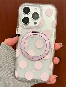 Minimalist Style Silver Polka Dot 360° Rotating Phone Holder Case, Suitable For IPhone 17 Pro Max, 17 Pro, 16 Pro, 16 Pro Max, 15 Pro Max, 15 Pro, 14 Pro Max, 14 Pro, 13 Pro Max, 13, 12 Pro Max, 14, 15, 16 Plus, 11 And Other Models, Transparent Soft Protective Cover - Pink Polka Dots - View 3